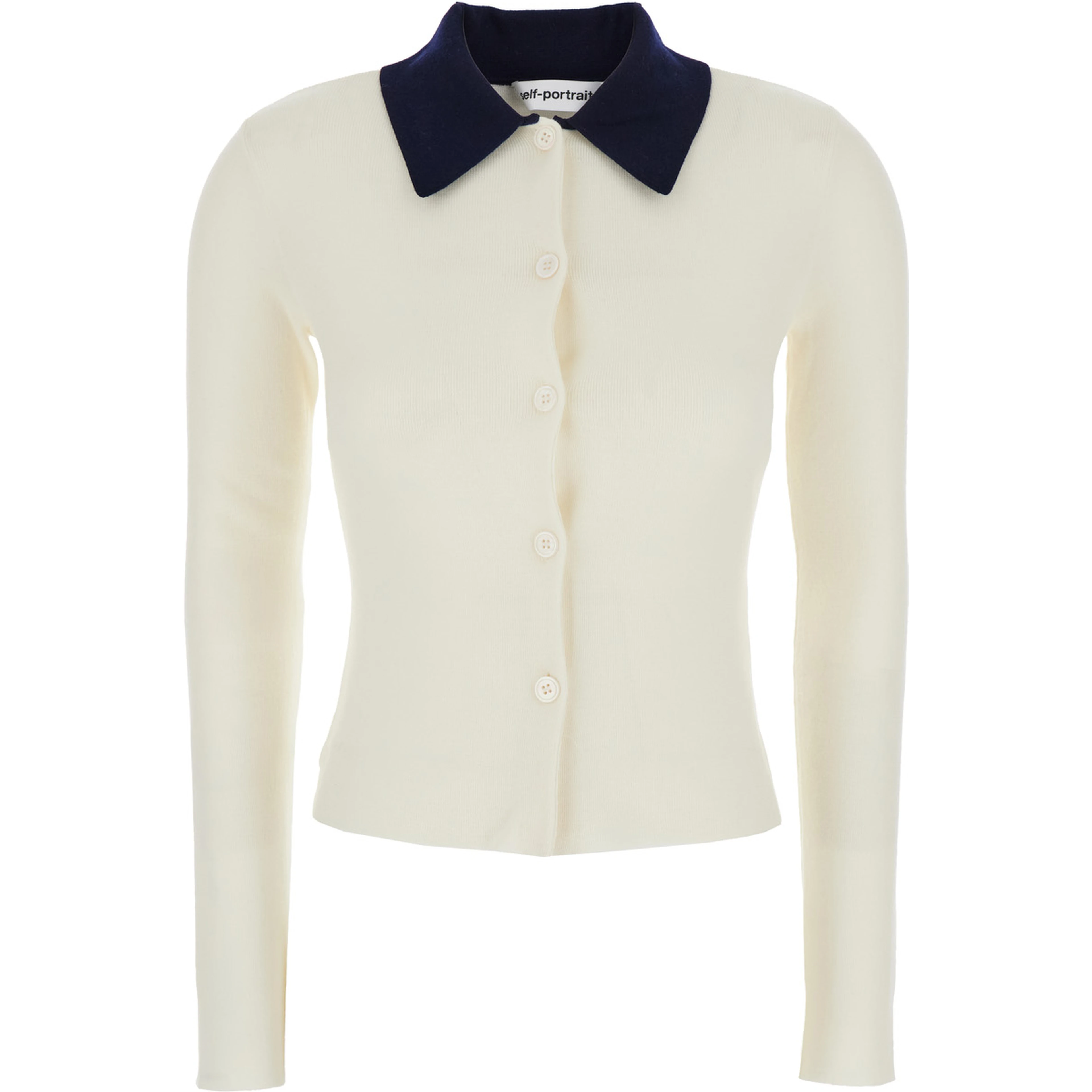 White Cropped Cardigan with Contrasting Collar and Tonal Button Closure in Wool Woman