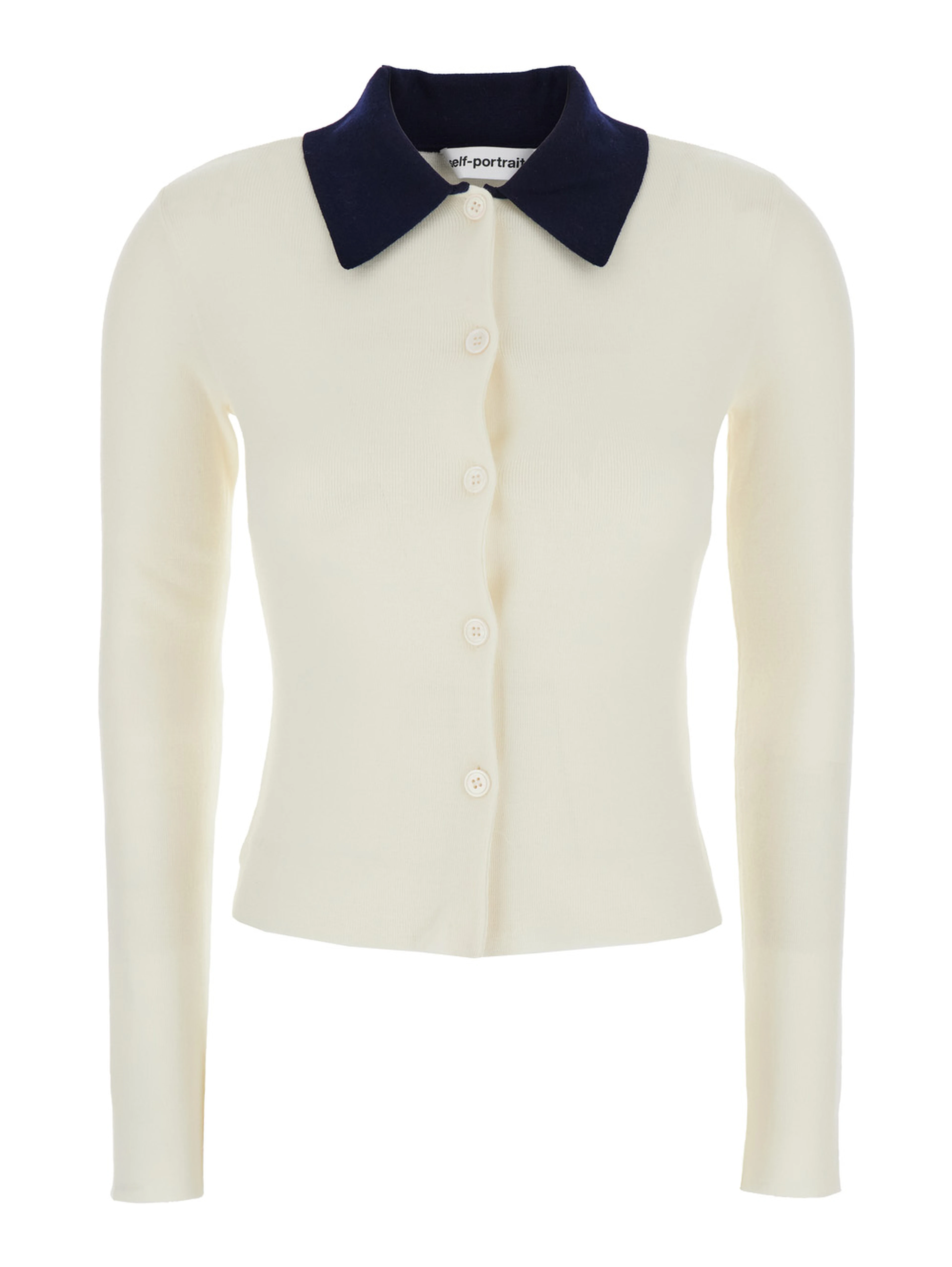 White Cropped Cardigan with Contrasting Collar and Tonal Button Closure in Wool Woman