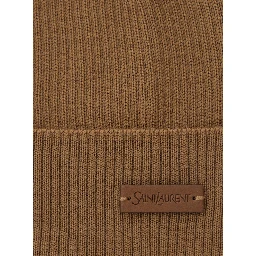 Beige Knit Beanie with Logo Patch on the Front in Wool Woman