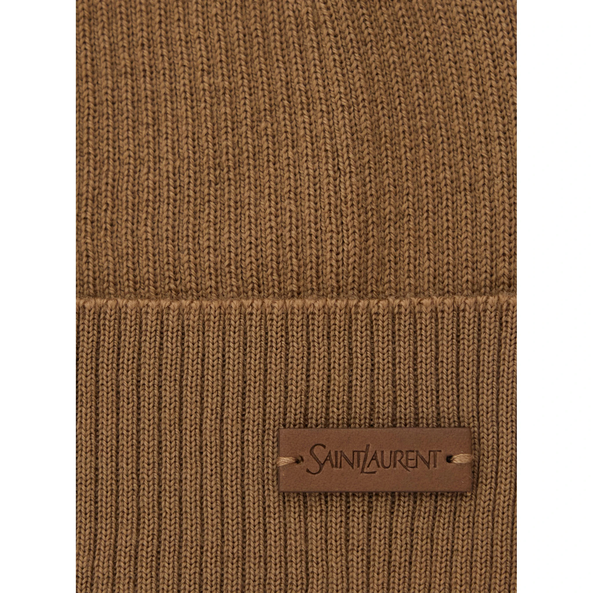 Beige Knit Beanie with Logo Patch on the Front in Wool Woman