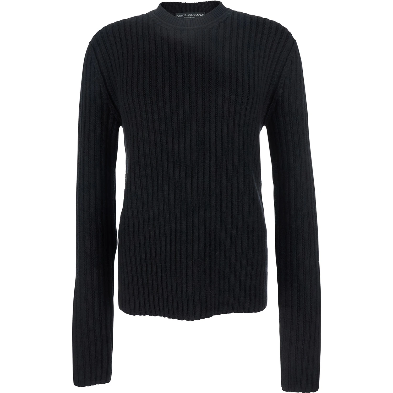 Black Ribbed Knit Crewneck Sweater with Logo Patch on the Rear in Wool Man
