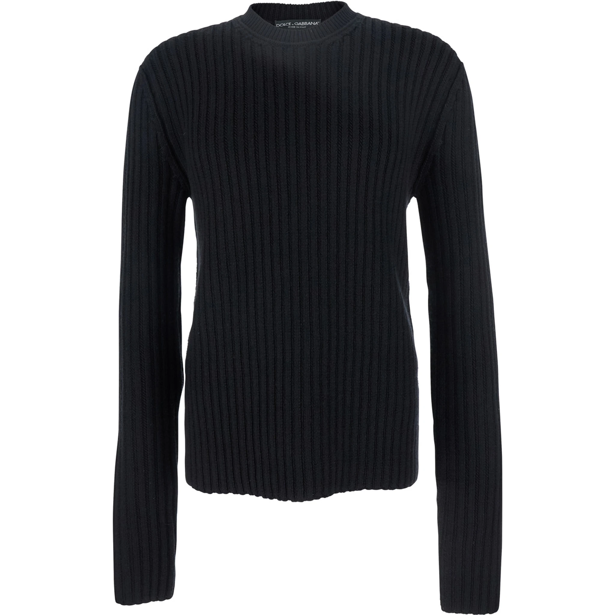 Black Ribbed Knit Crewneck Sweater with Logo Patch on the Rear in Wool Man