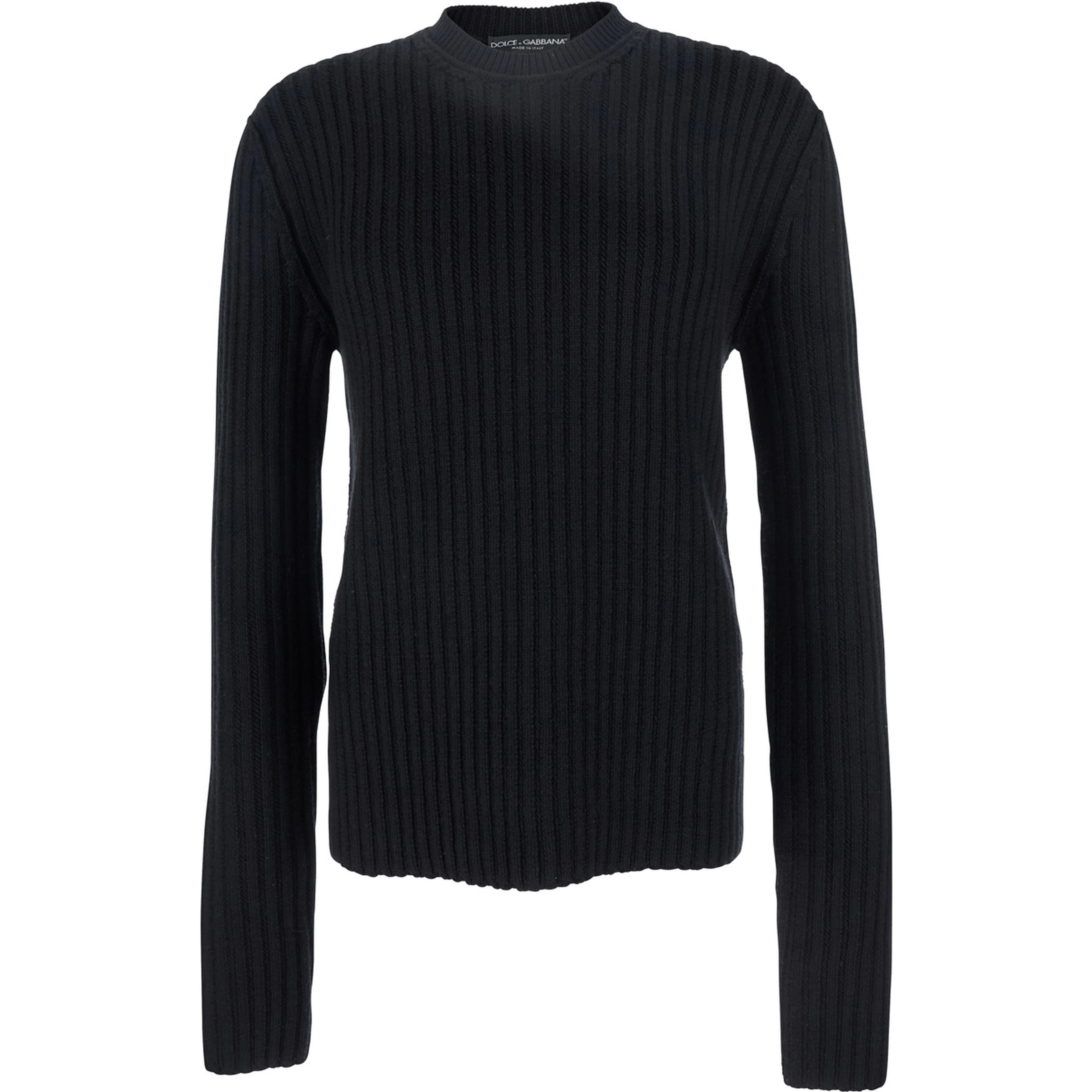 Black Ribbed Knit Crewneck Sweater with Logo Patch on the Rear in Wool Man