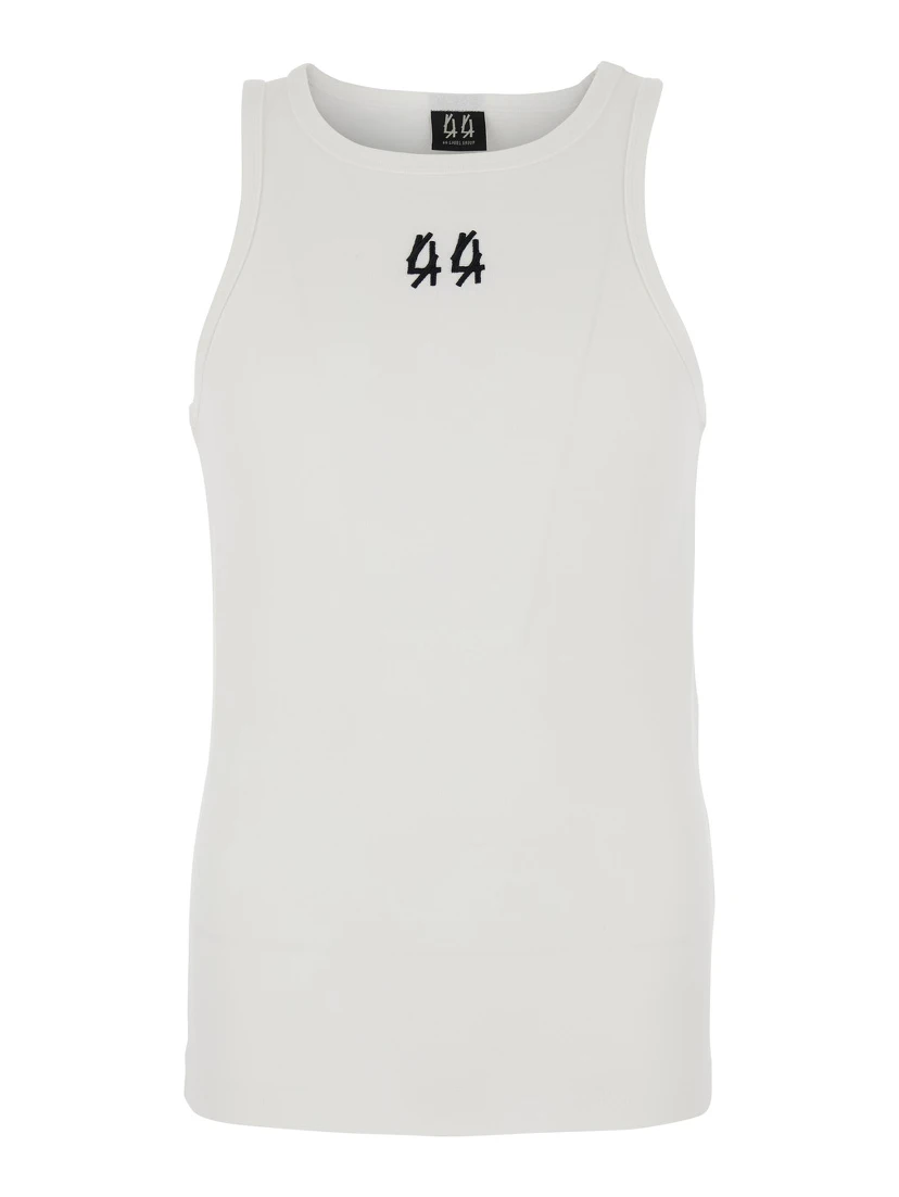 White Sleeveless Top with Round Neck and Logo Embroidery on the Front in Cotton Stretch Man