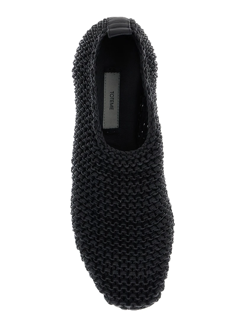 Black Woven Ballet Shoes with Pull-Tab at the Heel in Leather Woman