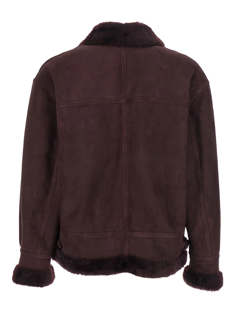 Sano Bordeaux Shearling Jacket with Belt Detail and Fur Trims in Suede Woman alternative
