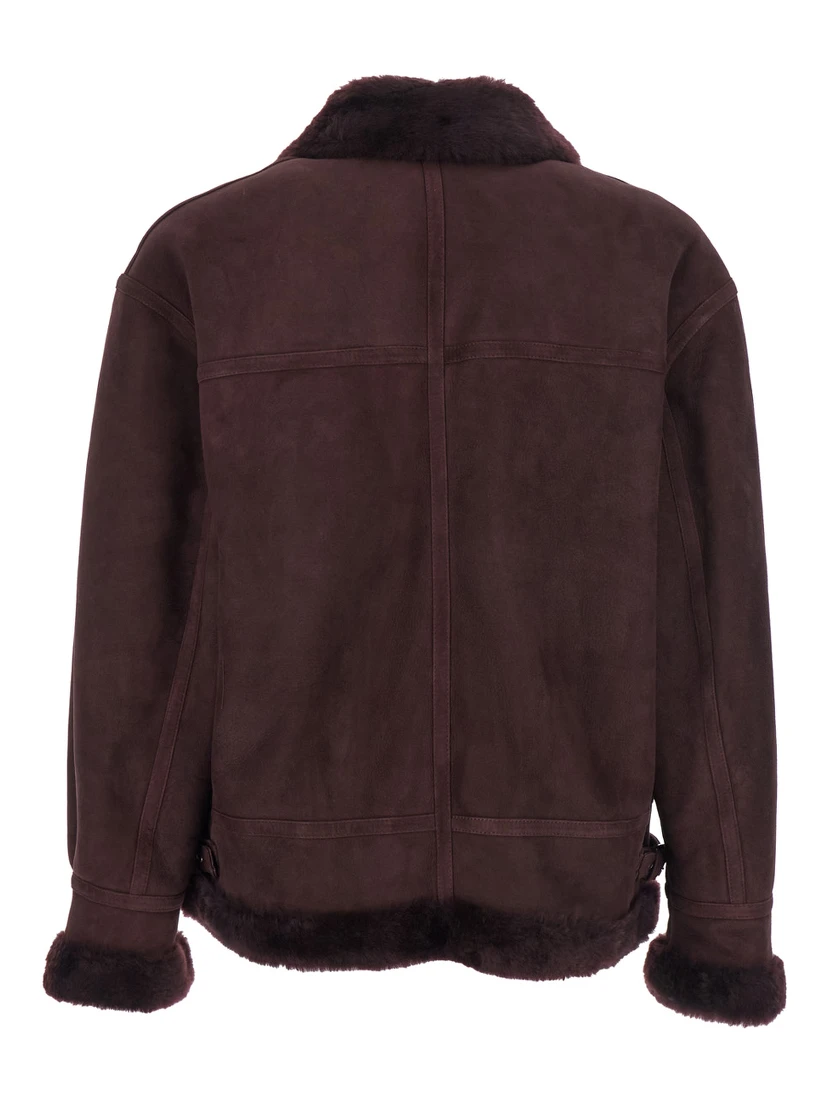 Sano Bordeaux Shearling Jacket with Belt Detail and Fur Trims in Suede Woman