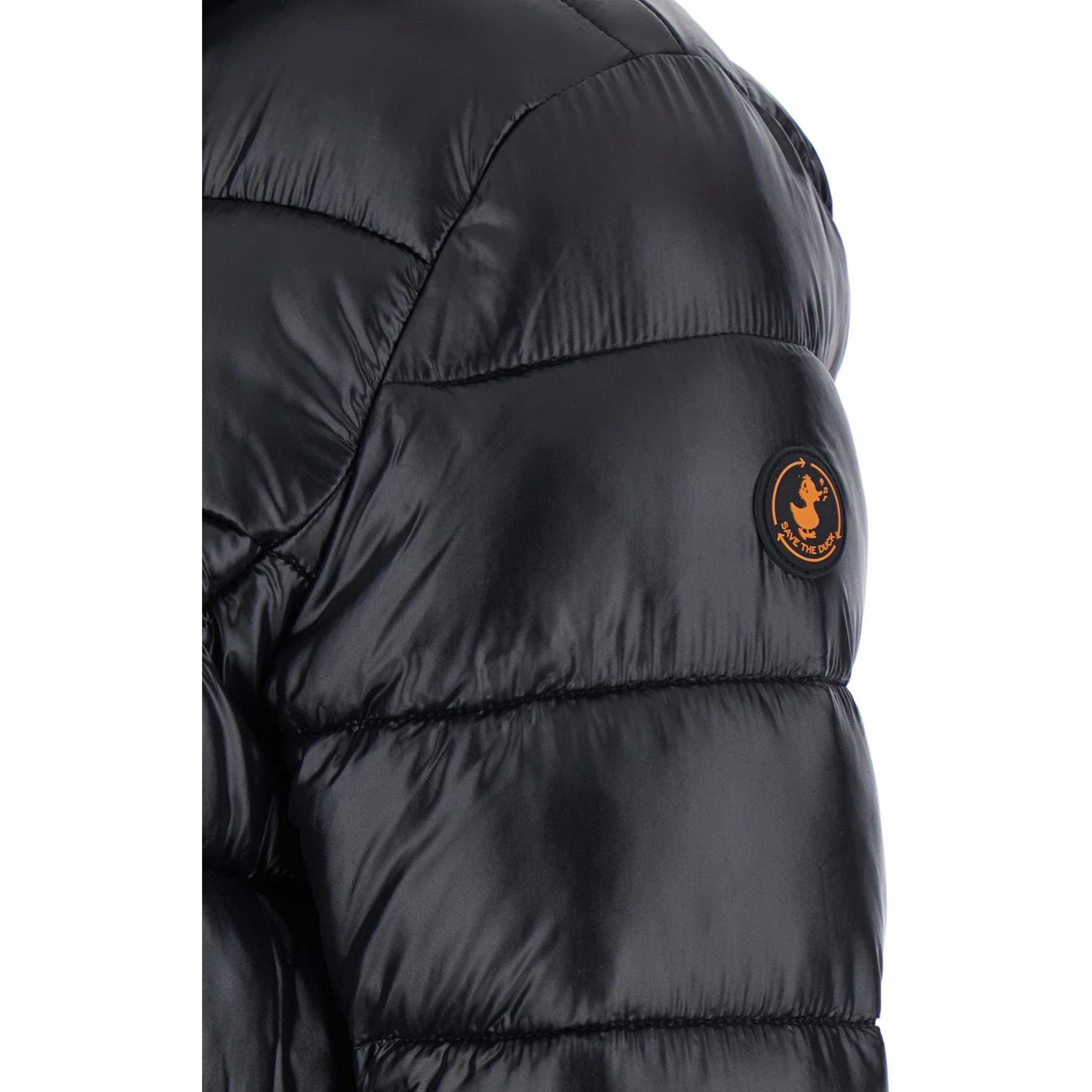 Cosmary Black Down Jacket with Removable Hood and Logo Patch on the Sleeve in Tech Fabric Woman