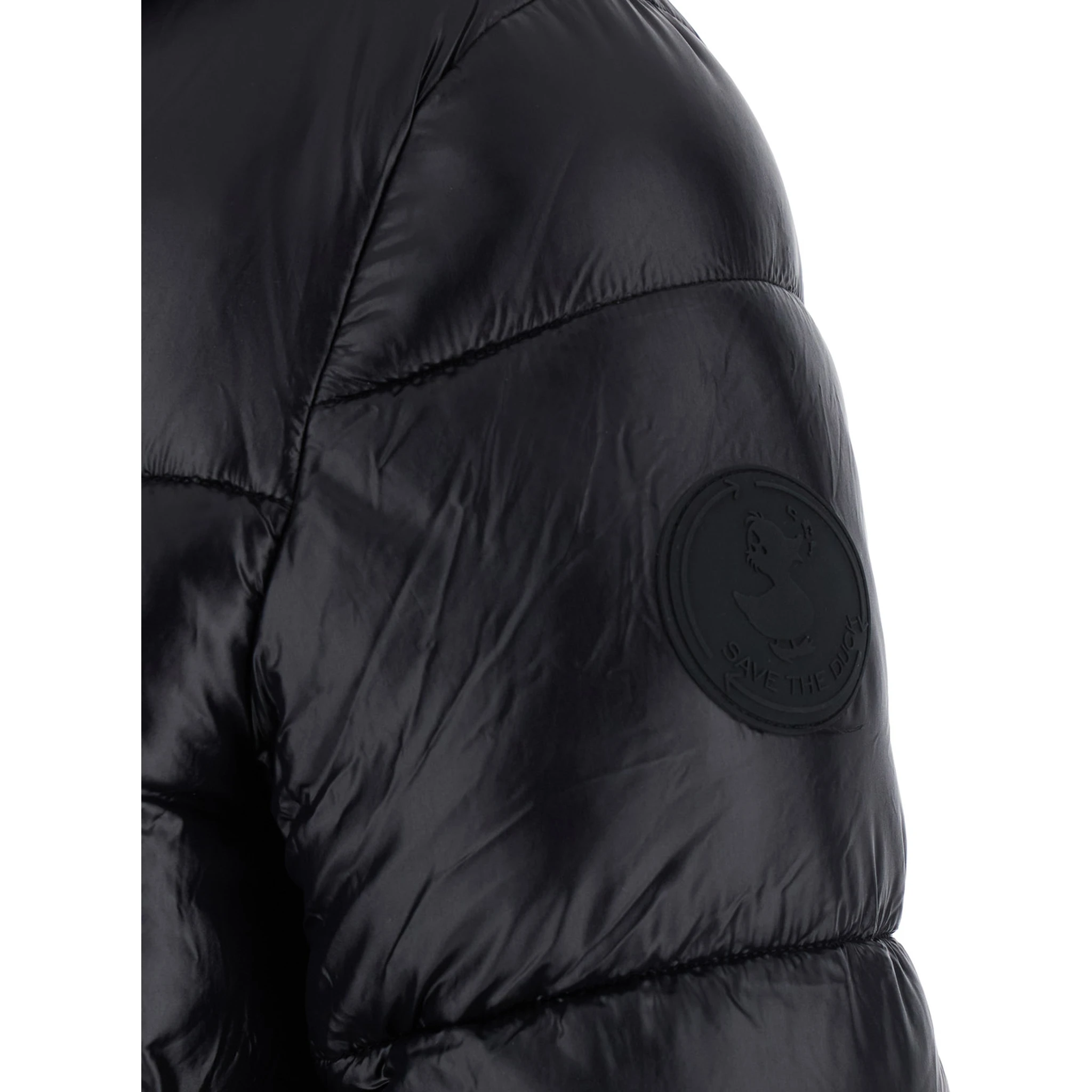 Biddy Black Down Jacket with Hood and Logo on the Sleeve in Tech Fabric Woman