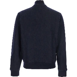 Blue Jacket with High Neck and Logo Patch on the Front in Wool and Cashmere Blend Man