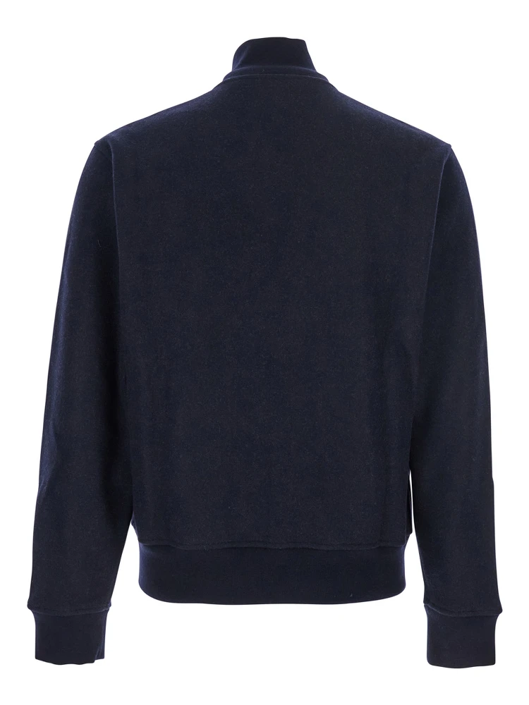 Blue Jacket with High Neck and Logo Patch on the Front in Wool and Cashmere Blend Man alternative