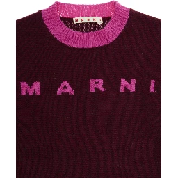 Fuchsia Crewneck Sweater with Logo Lettering on the Front and Contrasting Trims in Wool and Cashmere Woman