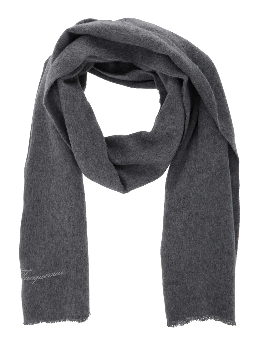 Grey Rectangular Scarf with Logo Lettering on the Front in Wool and Cashmere Woman