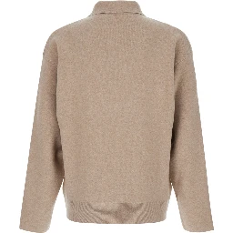 Beige Sweater with Polo Collar and Ribbed Details in Wool Man