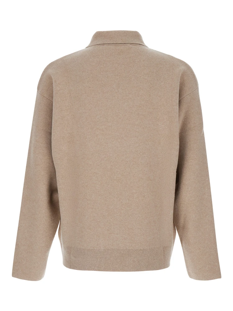 Beige Sweater with Polo Collar and Ribbed Details in Wool Man alternative