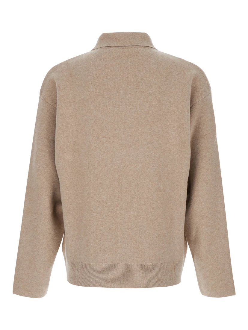 Beige Sweater with Polo Collar and Ribbed Details in Wool Man