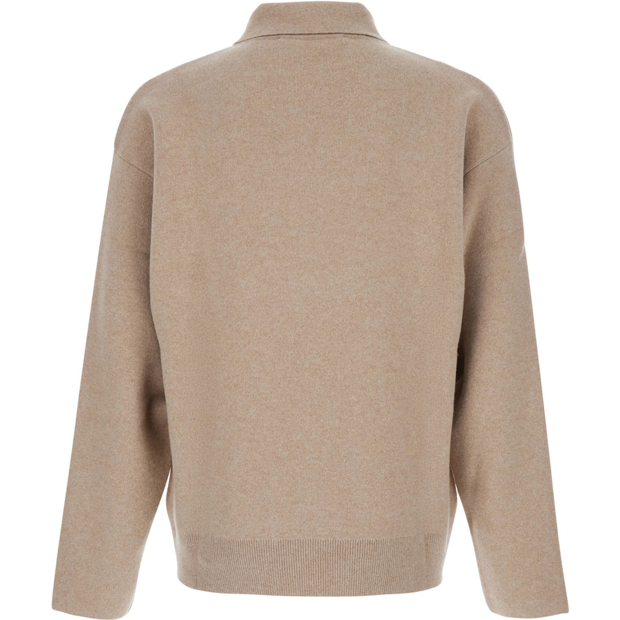 Beige Sweater with Polo Collar and Ribbed Details in Wool Man