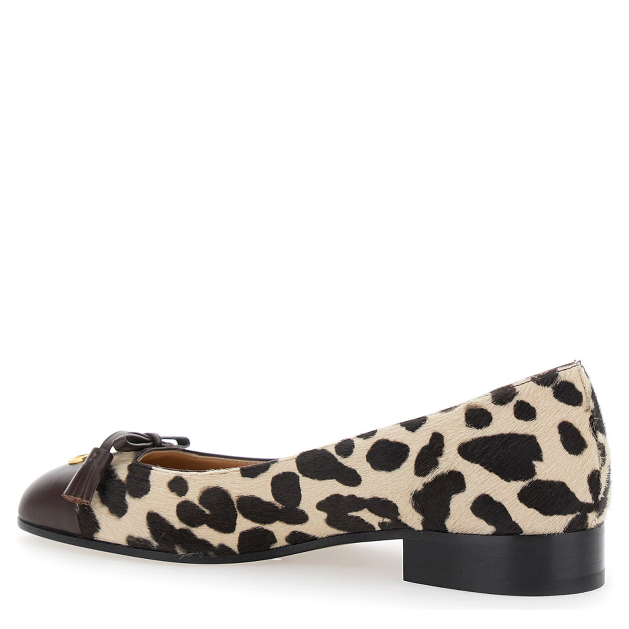 Brown Ballerinas with Vlogo Plaque on Front and Animalier Motif in Leather Woman