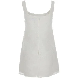 White Mini Dress with Square Neck and Bow Detail on the Front in Tech Fabric Woman