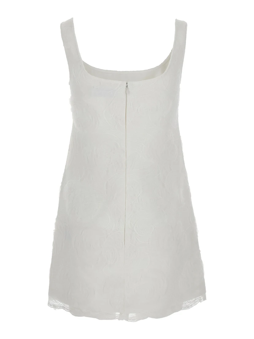 White Mini Dress with Square Neck and Bow Detail on the Front in Tech Fabric Woman