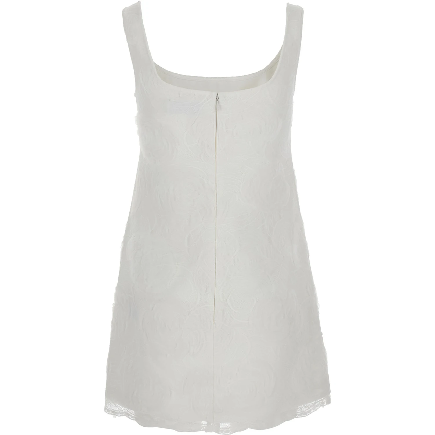 White Mini Dress with Square Neck and Bow Detail on the Front in Tech Fabric Woman