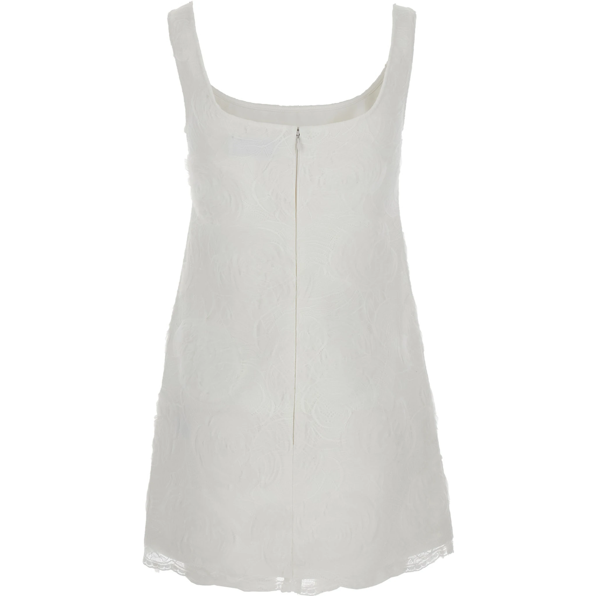 White Mini Dress with Square Neck and Bow Detail on the Front in Tech Fabric Woman