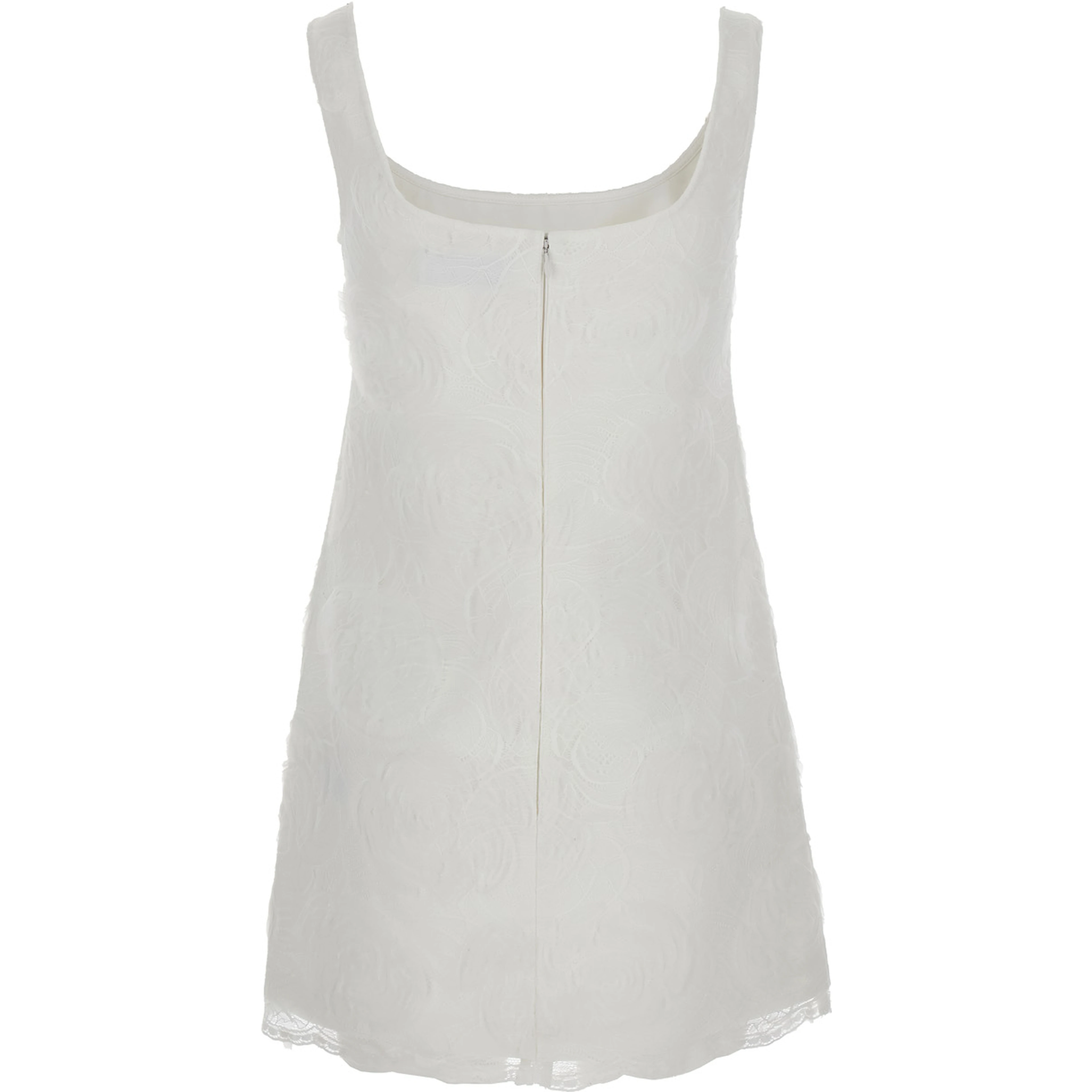 White Mini Dress with Square Neck and Bow Detail on the Front in Tech Fabric Woman