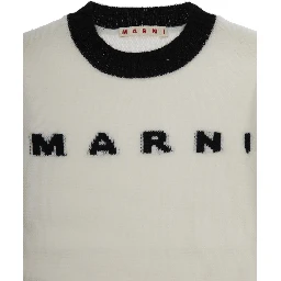 White Crewneck Sweater with Logo Lettering on the Front and Contrasting Trims in Wool and Cashmere Woman