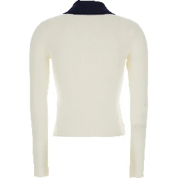 White Cropped Cardigan with Contrasting Collar and Tonal Button Closure in Wool Woman