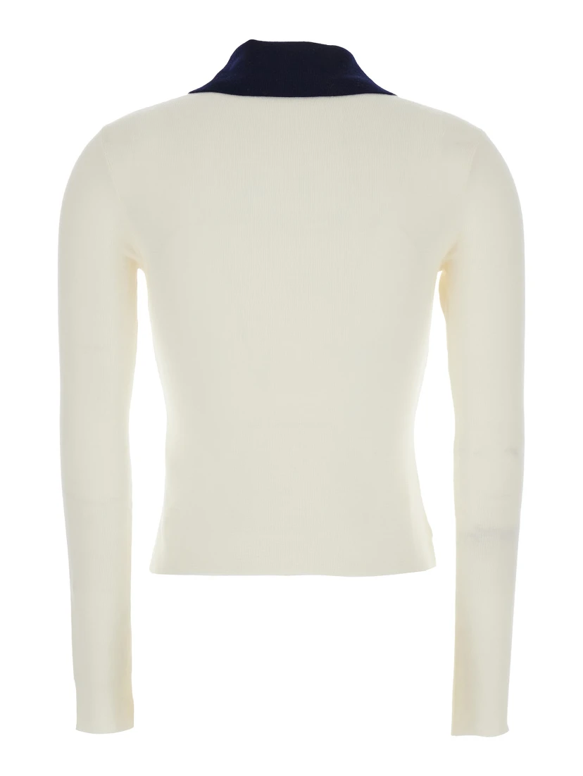 White Cropped Cardigan with Contrasting Collar and Tonal Button Closure in Wool Woman