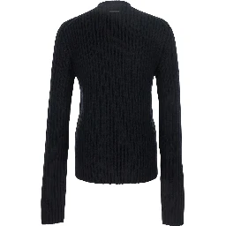 Black Ribbed Knit Crewneck Sweater with Logo Patch on the Rear in Wool Man