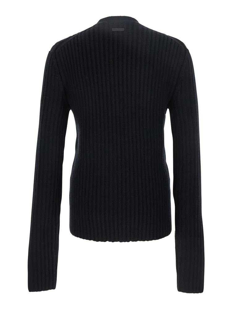 Black Ribbed Knit Crewneck Sweater with Logo Patch on the Rear in Wool Man alternative
