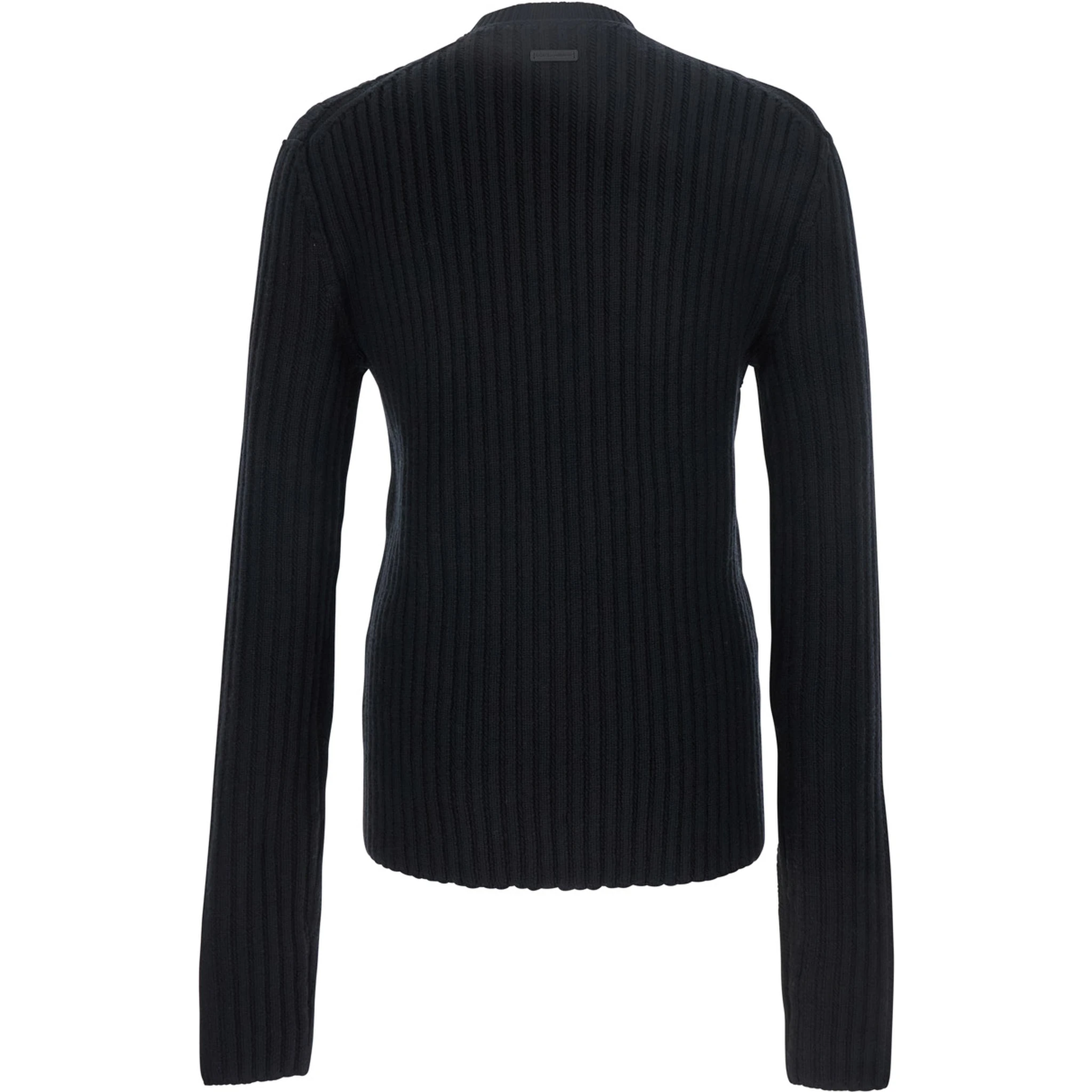 Black Ribbed Knit Crewneck Sweater with Logo Patch on the Rear in Wool Man