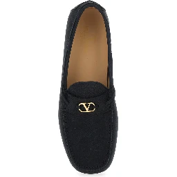 Black Loafers with Round Toe and VLogo Plaque in Suede Man