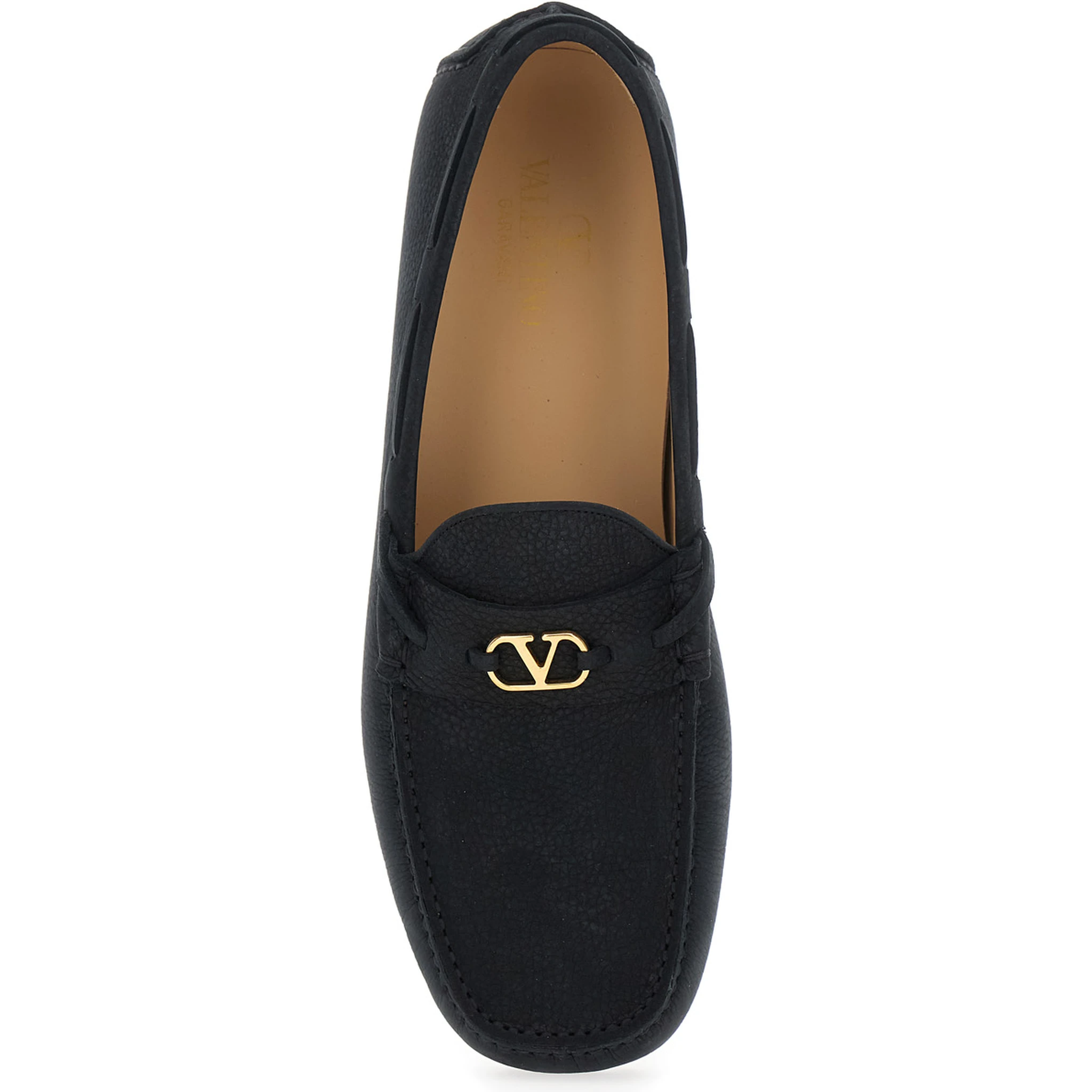 Black Loafers with Round Toe and VLogo Plaque in Suede Man