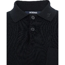 Black Polo Shirt with Tone-on-Tone Logo on Front in Cotton Knit Man