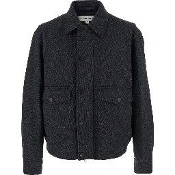 Classic A-2  Grey Jacket with Classic Collar and Front Button and Zip Closure in Wool Blend Stretch Man