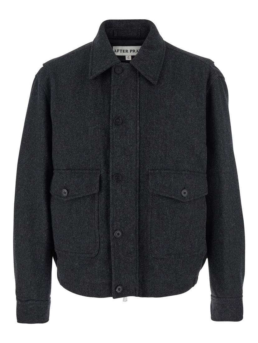 Classic A-2  Grey Jacket with Classic Collar and Front Button and Zip Closure in Wool Blend Stretch Man