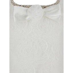 White Mini Dress with Square Neck and Bow Detail on the Front in Tech Fabric Woman