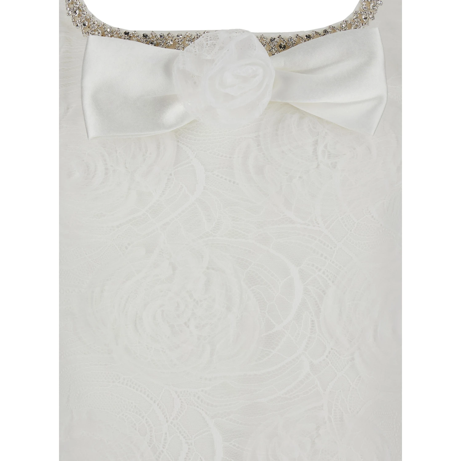 White Mini Dress with Square Neck and Bow Detail on the Front in Tech Fabric Woman