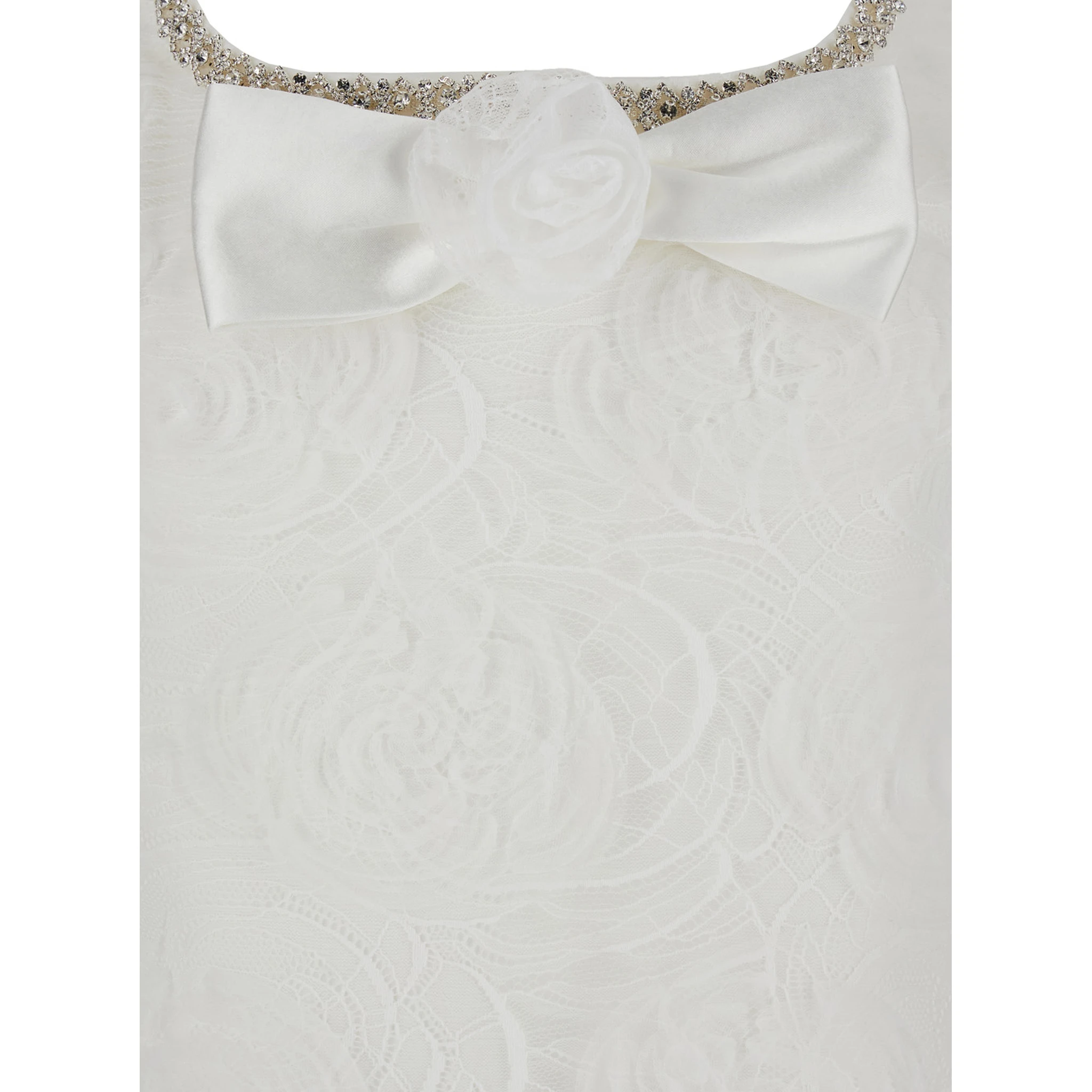 White Mini Dress with Square Neck and Bow Detail on the Front in Tech Fabric Woman