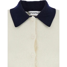 White Cropped Cardigan with Contrasting Collar and Tonal Button Closure in Wool Woman