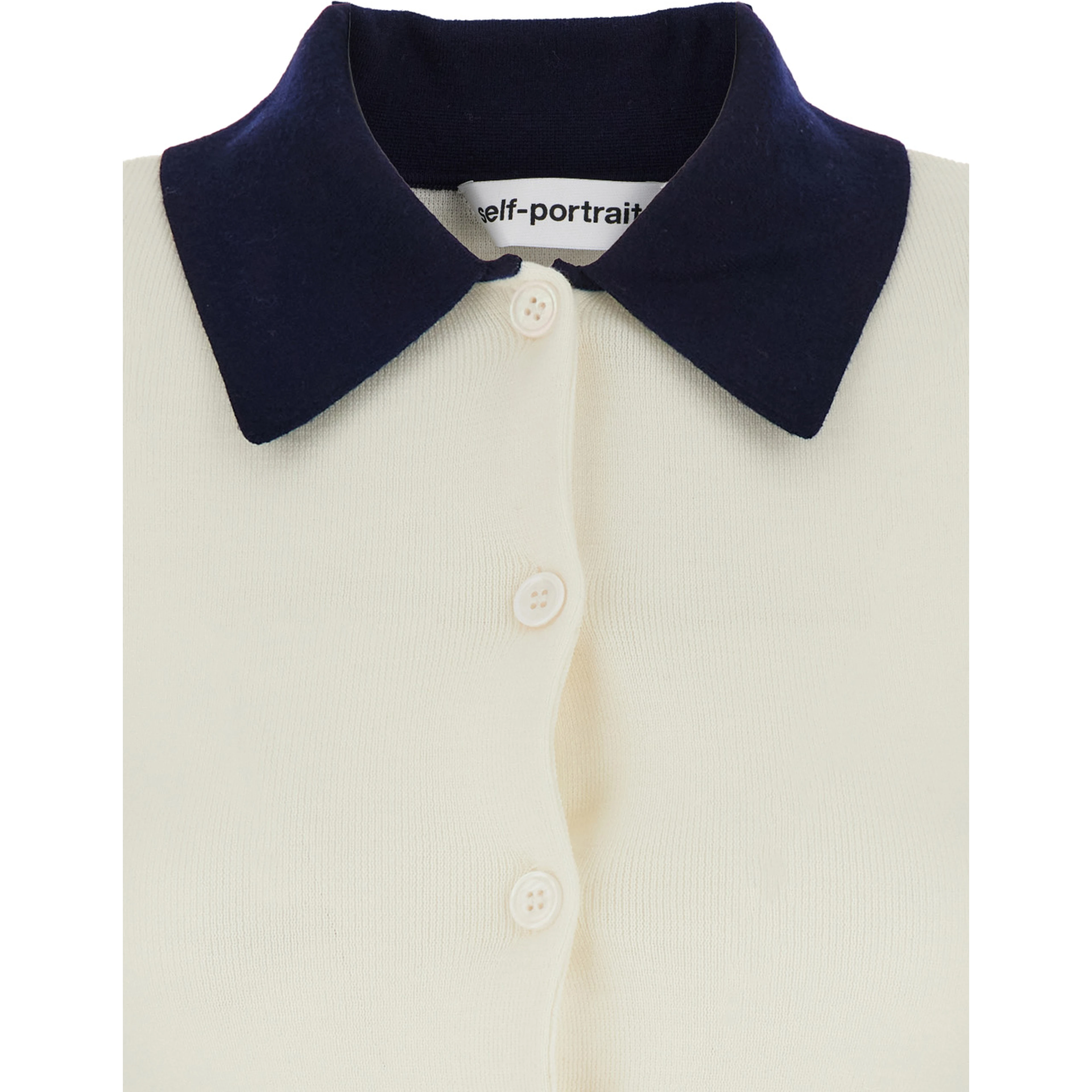 White Cropped Cardigan with Contrasting Collar and Tonal Button Closure in Wool Woman