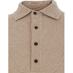 Beige Sweater with Polo Collar and Ribbed Details in Wool Man