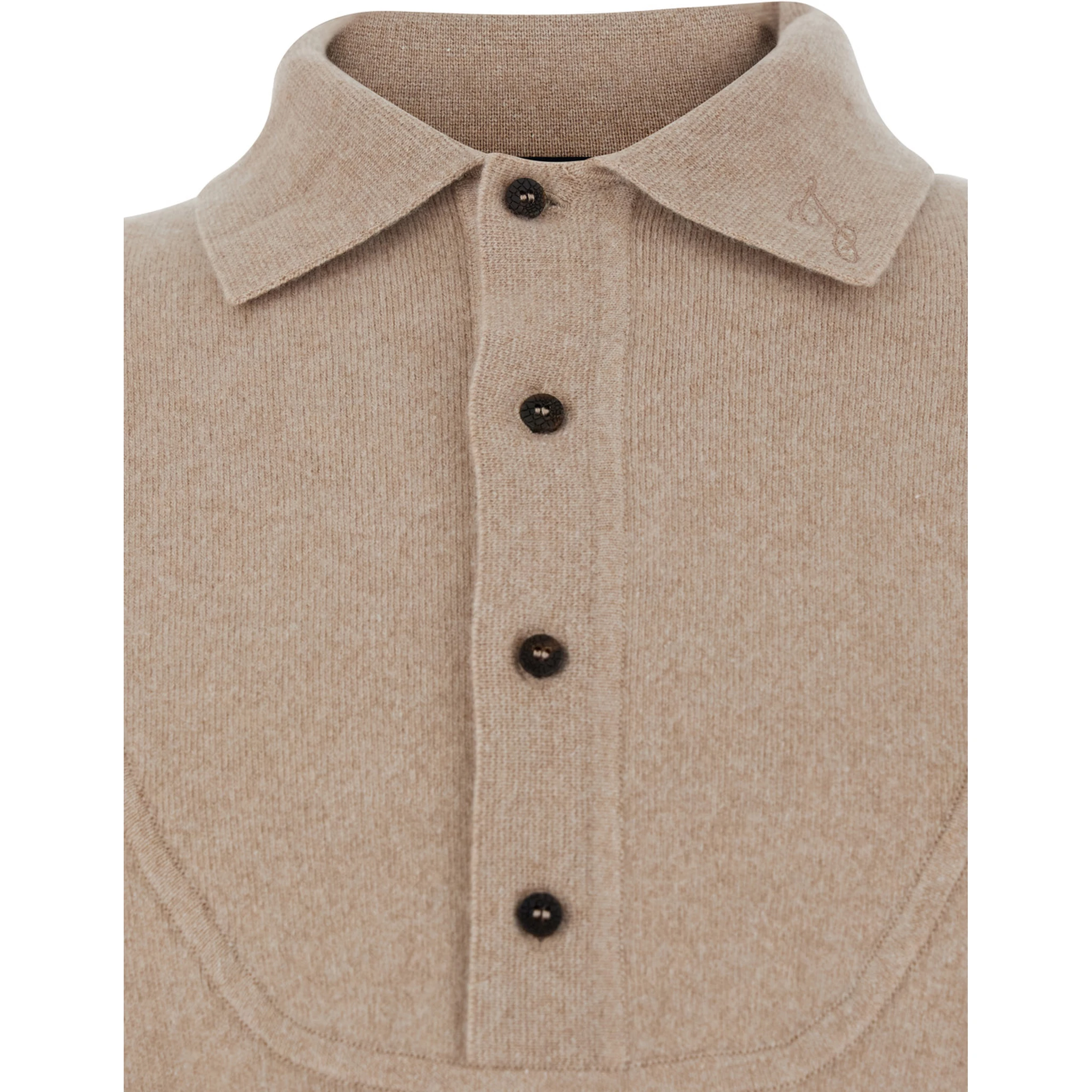 Beige Sweater with Polo Collar and Ribbed Details in Wool Man