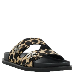 Turnlock Brown Sandals with Double Strap and Leopard Print in Leather Woman