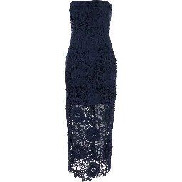 Blue Dress with Semi Transparent Design and Floral Decorations in Fabric Woman