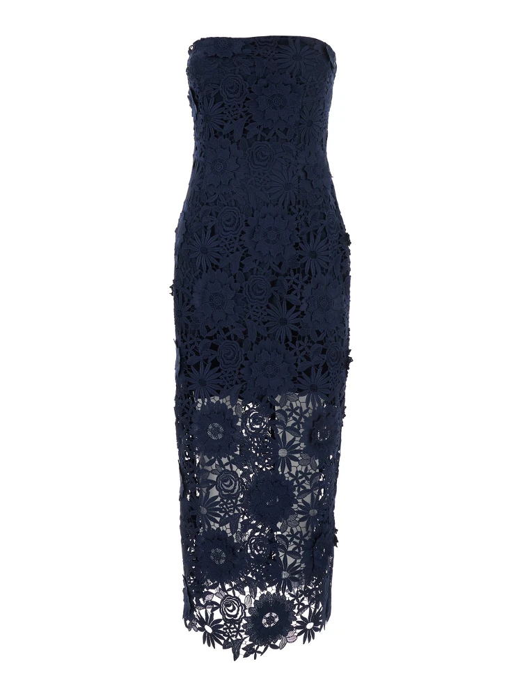 Blue Dress with Semi Transparent Design and Floral Decorations in Fabric Woman