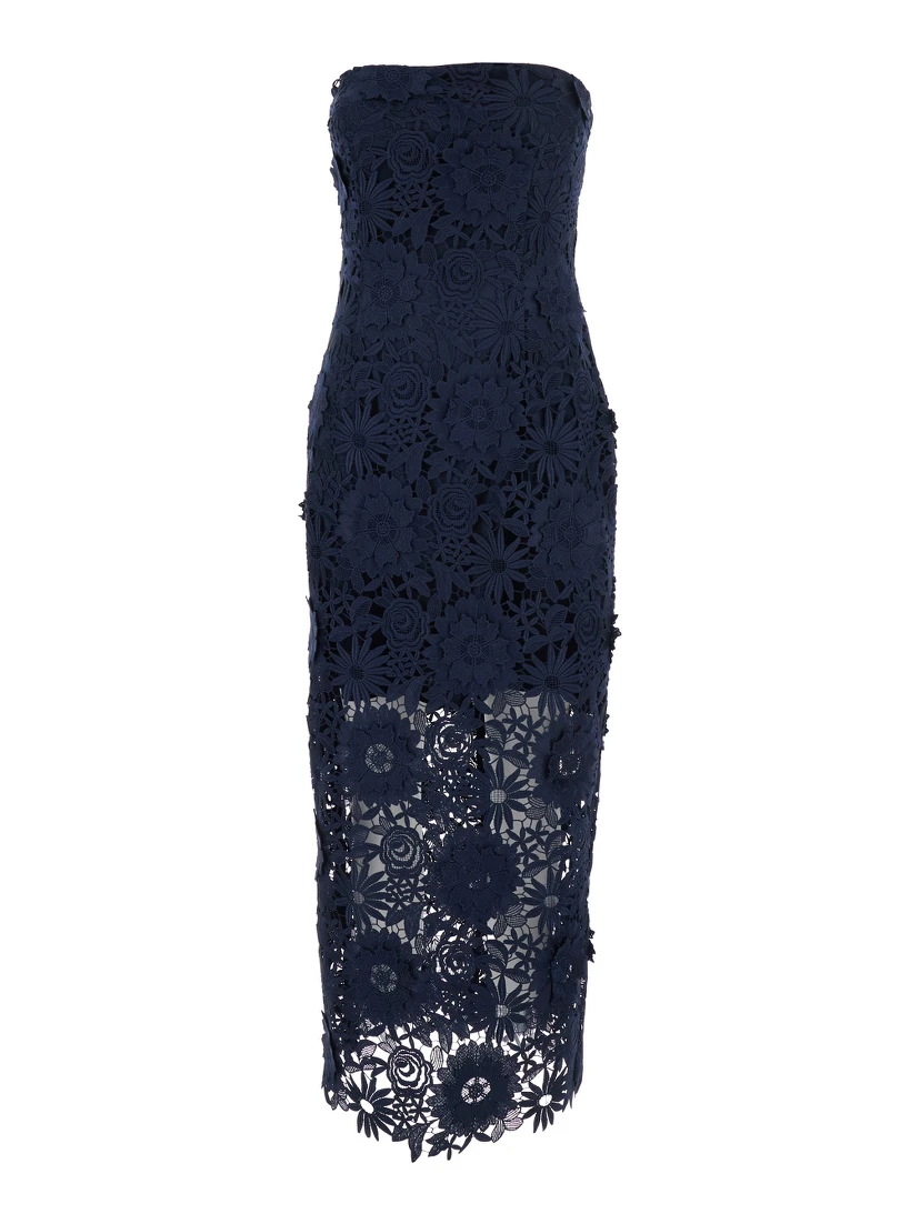 Blue Dress with Semi Transparent Design and Floral Decorations in Fabric Woman
