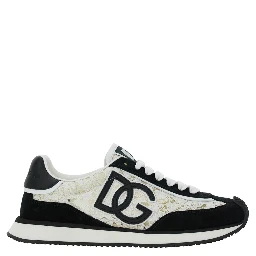 Black and White Low Top with Lace Details and DG Patch on the Side in Fabric and Suede Blend Woman